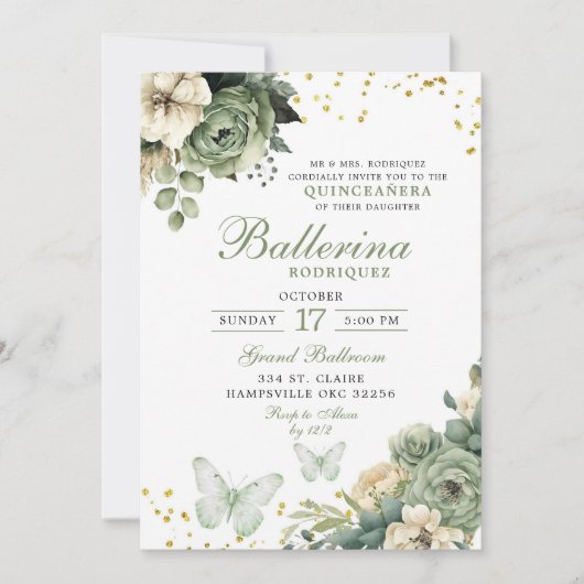 Sage Green Floral Butterfly Quinceanera Einladung (Vorderseite)