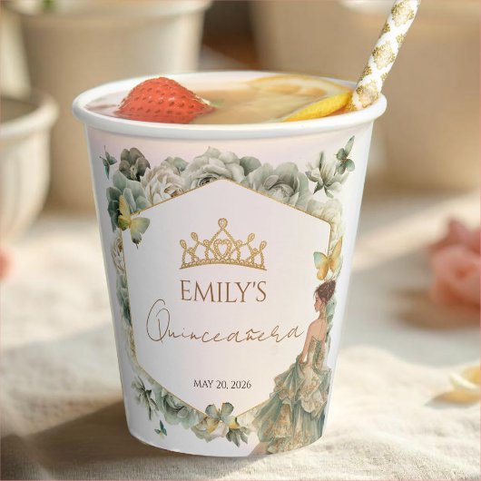 Sage Green Floral Butterfly Tiara Quinceañera Pappbecher