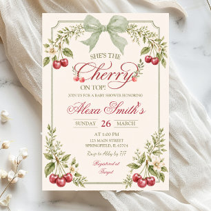 Sage Green Floral Cherry On Top Baby Shower Einladung