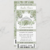 Sage Green Floral Crown Quinceañera VIP Ticket Einladung (Vorne/Hinten)