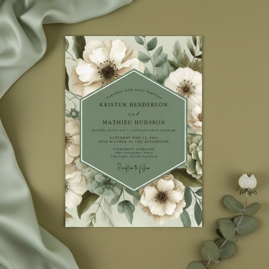 Sage Green Floral Elegance Wedding Einladung