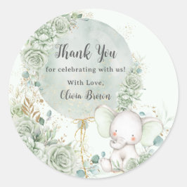 Sage Green Floral Elephant Baby Shower Runder Aufkleber