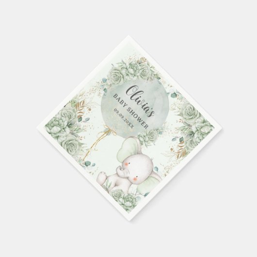 Sage Green Floral Elephant Baby Shower Serviette (Ecke)