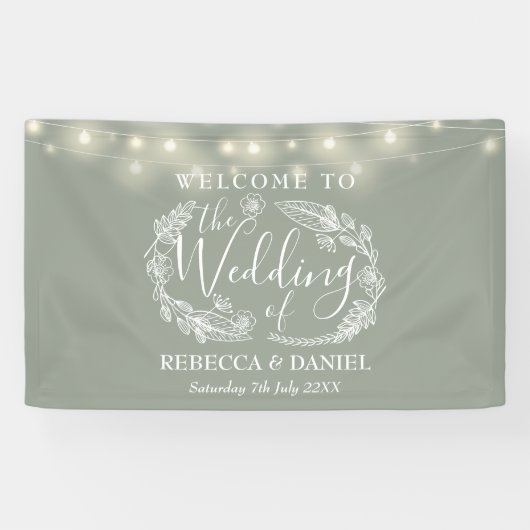 Sage Green Floral Garland Script Hochzeit Banner (Horizontal)