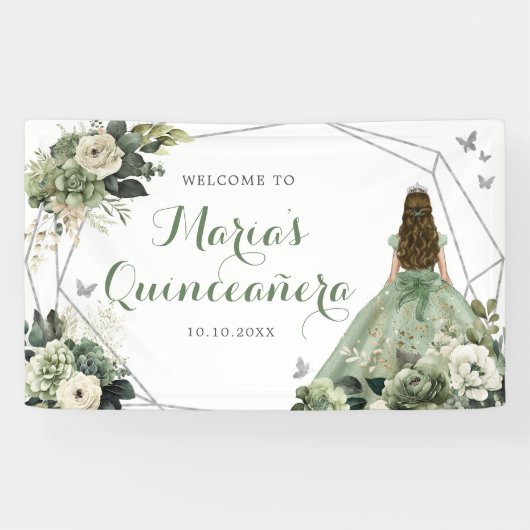 Sage Green Floral Geometric Princess Quinceañera Banner (Horizontal)