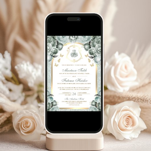 Sage Green Floral Gold Arch Muslime Hochzeit Einladung