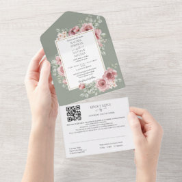Sage Green Floral Gold Geometric QR Code Hochzeit All In One Einladung