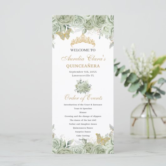 Sage Green Floral Gold Quinceñera Orden der Verans Programm (Stehend Vorderseite)