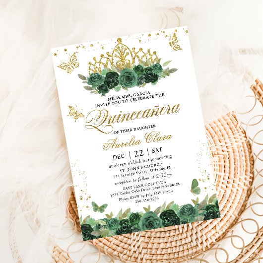Sage Green Floral Gold Schmetterlinge Quinceañera Einladung
