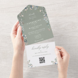 Sage Green Floral Greenerity QR Code Hochzeit All In One Einladung