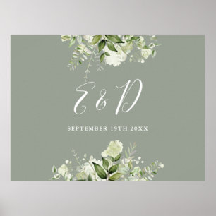 Sage Green Floral Greenery Monogram Sign Poster