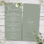 Sage Green Floral Greenery Monogram Wedding Dinner Menükarte<br><div class="desc">Dieses elegante Salbei grün florale botanische Blätter Hochzeitsmenü kann mit Ihren Informationen in chic Typografie mit Ihren Monogramm Initialen auf der Rückseite personalisiert werden. Entwickelt von Thisisnotme©</div>