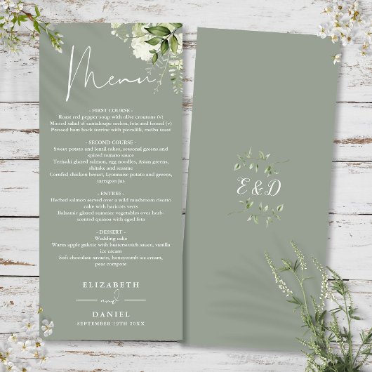 Sage Green Floral Greenery Monogram Wedding Dinner Menükarte