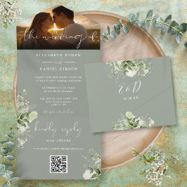 Sage Green Floral Greenery QR Code Hochzeitscodier All In One Einladung