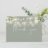 Sage Green Floral Greenery String Lights Photo Dankeskarte (Stehend Vorderseite)