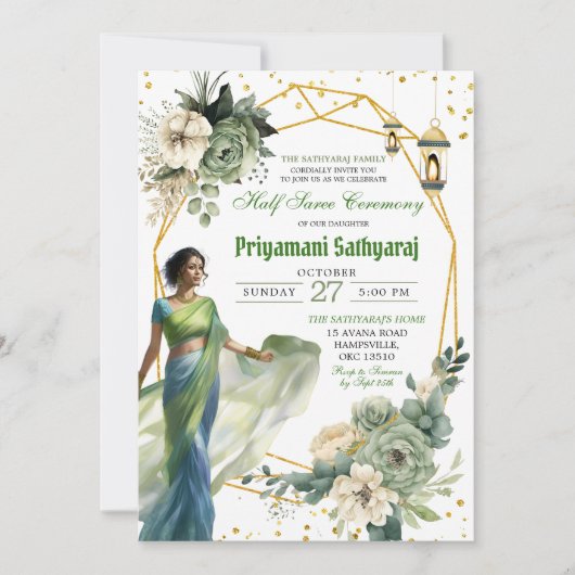 Sage Green Floral Half Saree Indien Zeremonie Einladung (Vorderseite)