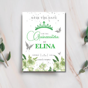 Sage Green Floral Kronen Schmetterlinge Quinceañer Save The Date