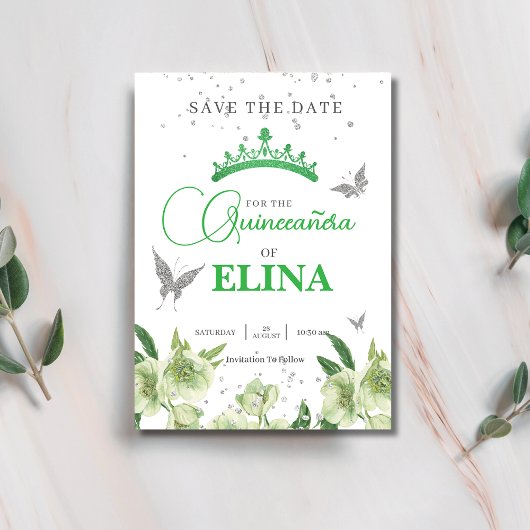 Sage Green Floral Kronen Schmetterlinge Quinceañer Save The Date