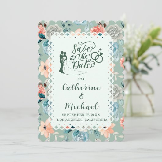 Sage Green Floral Lace Elegante Wedding Calligraph Einladung (Stehend Vorderseite)