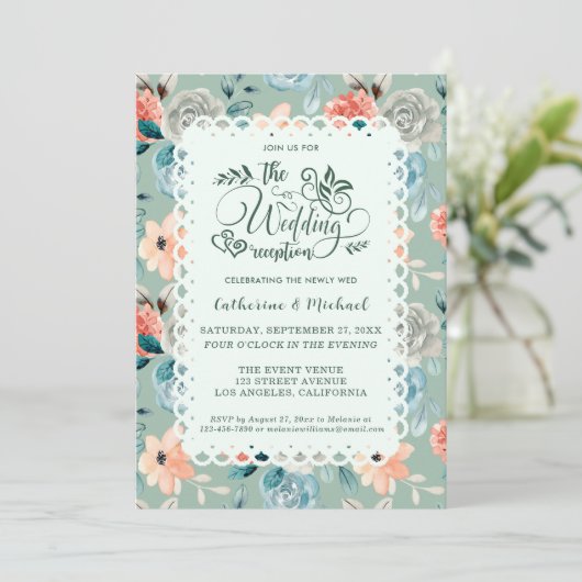 Sage Green Floral Lace Elegante Wedding Calligraph Einladung (Stehend Vorderseite)