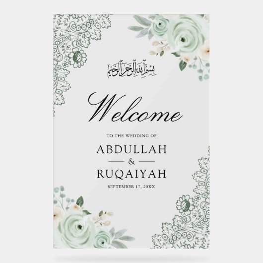 Sage Green Floral Lace Muslim Wedding Welcome Acrylschild (Vorderseite)