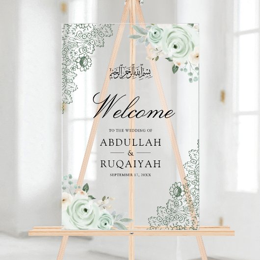 Sage Green Floral Lace Muslim Wedding Welcome Acrylschild