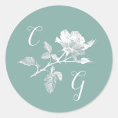 Sage Green Floral Line Art Monogram Wedding Runder Aufkleber (Vorderseite)
