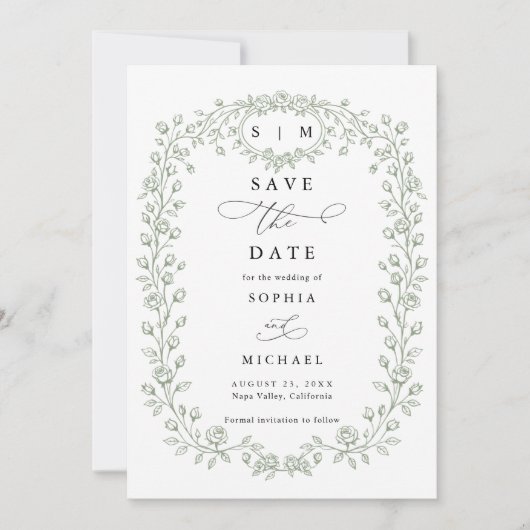 Sage Green Floral Line Art Save The Date (Vorderseite)