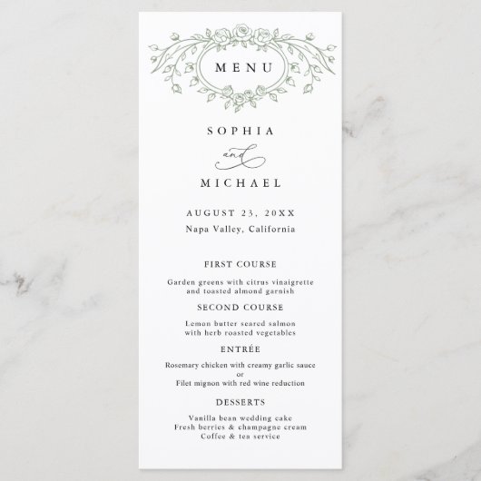 Sage Green Floral Line Art Wedding Flat Menu Menükarte (Vorderseite)