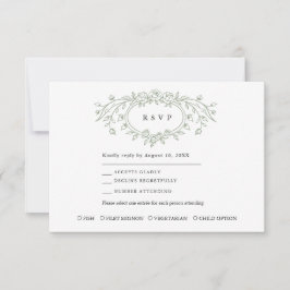 Sage Green Floral Line Art Wedding Response Card RSVP Karte