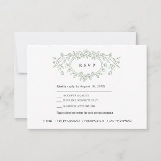 Sage Green Floral Line Art Wedding Response Card RSVP Karte