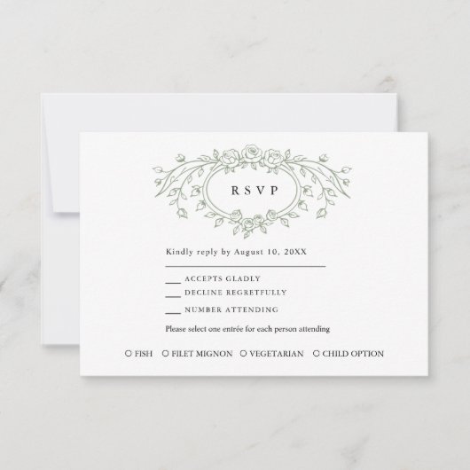 Sage Green Floral Line Art Wedding Response Card RSVP Karte (Vorderseite)