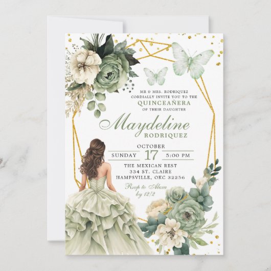 Sage Green Floral mexikanische Prinzessin Quincean Einladung (Vorderseite)
