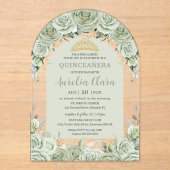 Sage Green Floral Modern Arch Gold Quinceanera Acryleinladungen (Vorderseite)
