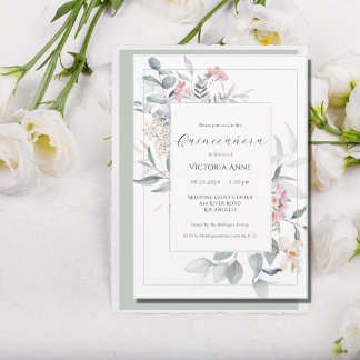 Sage Green Floral Modern Quinceañera Einladung