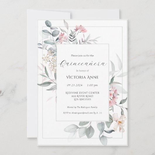 Sage Green Floral Modern Quinceañera Einladung (Vorderseite)