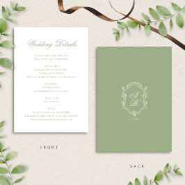 Sage Green Floral Monogram Crest Wedding Details Begleitkarte