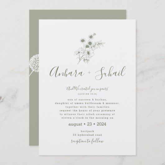 Sage Green Floral Muslim Hochzeit Einladung (Vorne/Hinten)