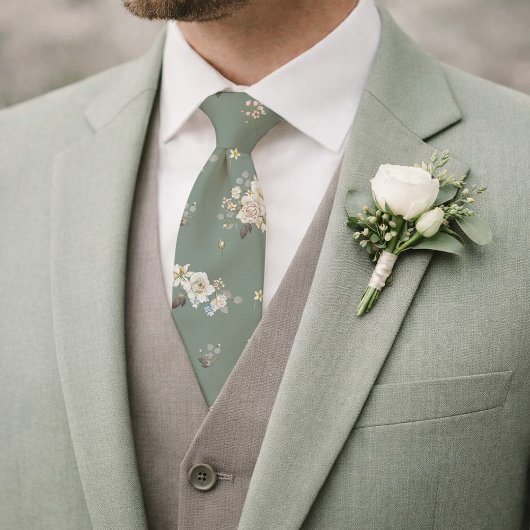 Sage Green Floral Necktie for Wedding Krawatte