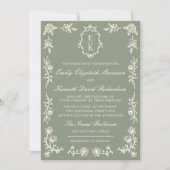 Sage Green Floral Old Money Monogram Crest Wedding Einladung (Vorderseite)