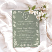 Sage Green Floral Old Money Monogram Crest Wedding Einladung