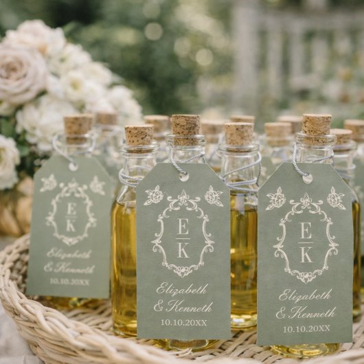 Sage Green Floral Old Money Monogram Crest Wedding Geschenkanhänger