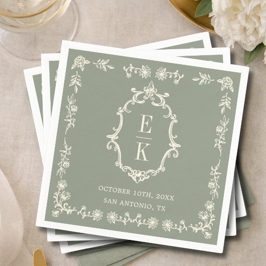 Sage Green Floral Old Money Monogram Crest Wedding Serviette