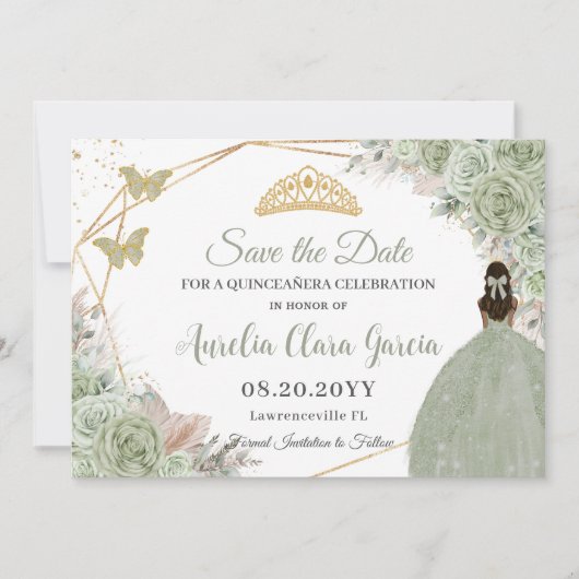 Sage Green Floral Pampas Grass Quinceanera Gold Save The Date (Vorderseite)