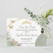 Sage Green Floral Pampas Grass Quinceanera Gold Save The Date (Stehend Vorderseite)