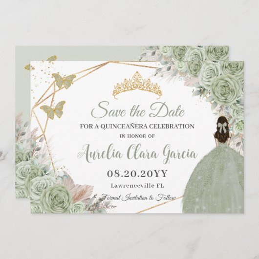 Sage Green Floral Pampas Grass Quinceanera Gold Save The Date (Vorne/Hinten)