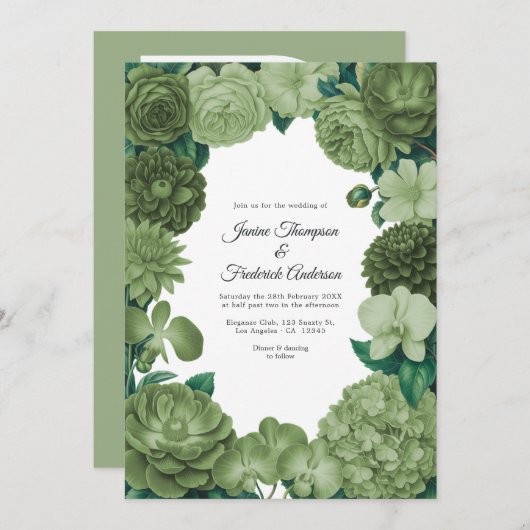 Sage Green Floral Photo and QR Code Wedding Einladung (Vorne/Hinten)