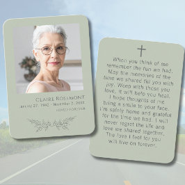 Sage Green Floral Photo Cross Funeral Prayer Card Visitenkarte