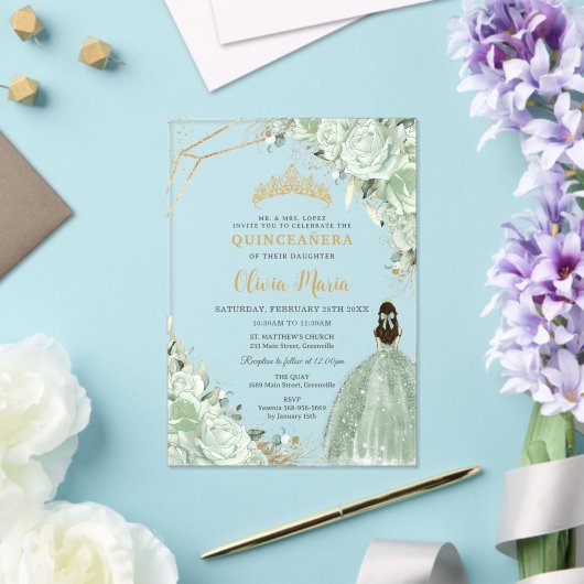 Sage Green Floral Princess Dress Gold Quinceañera Acryleinladungen (In Situ (Hochzeit))