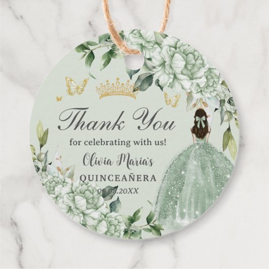 Sage Green Floral Princess Quinceañera Geschenkanhänger (Rückseite)